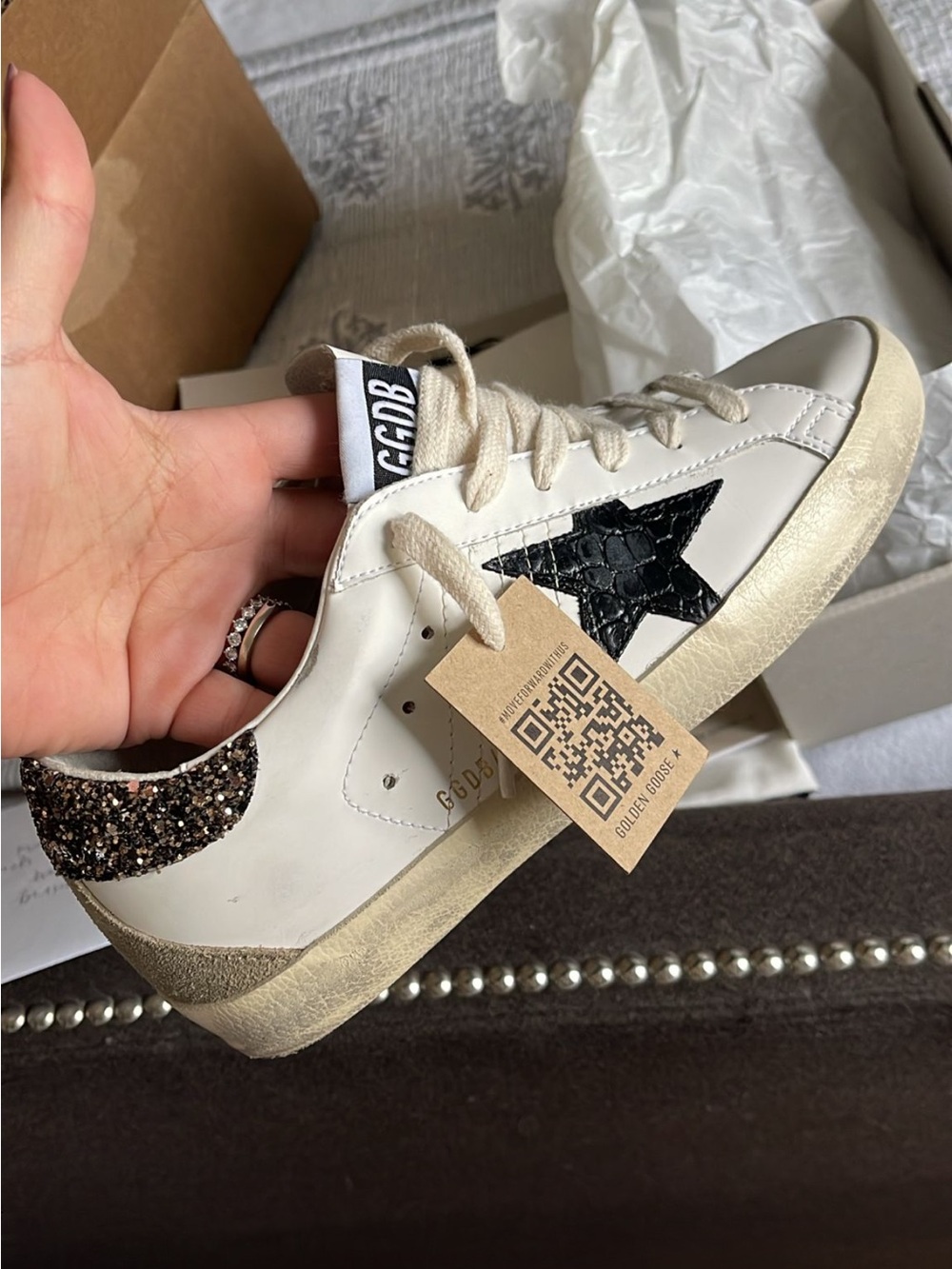 Golden Goose White Leather Low-Top Sneaker with Black Star and Glitter Heel